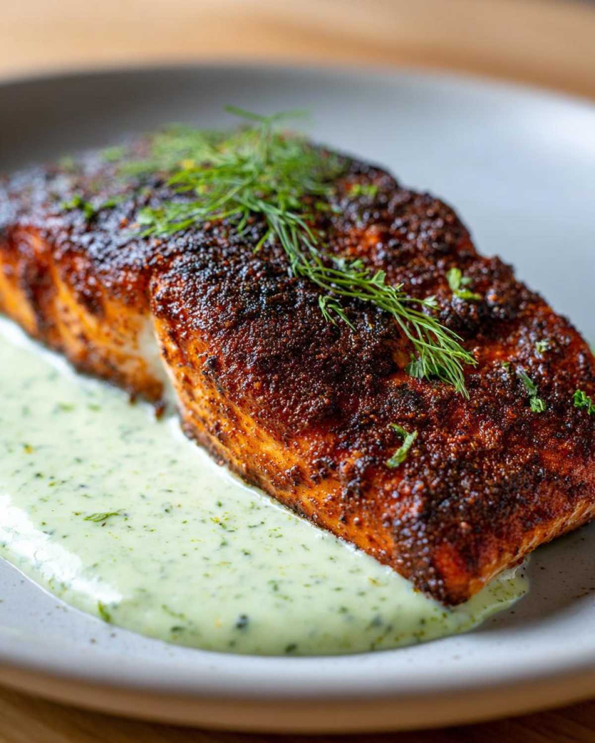 Close-up of a perfectly cooked blackened salmon fillet resting on a light green, creamy herb sauce.