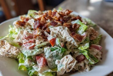 A close-up of a creamy blt chicken salad featuring shredded chicken, lettuce, tomatoes, and crispy bacon pieces.