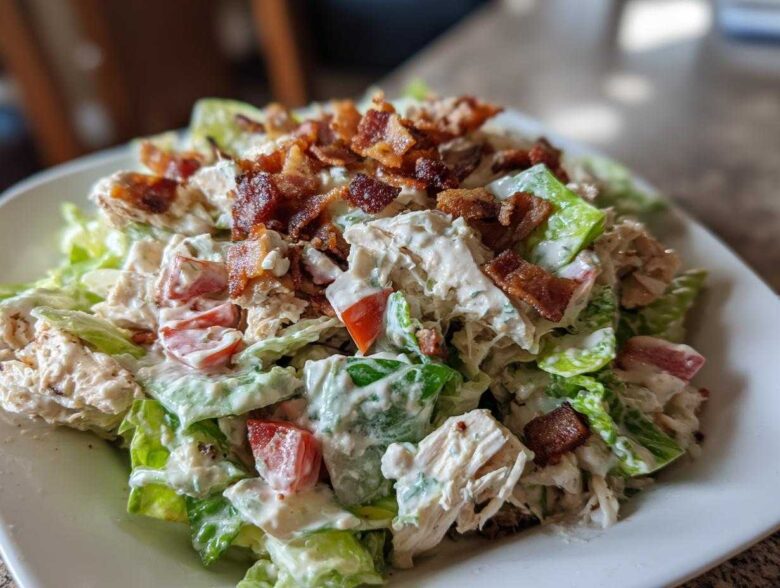 A close-up of a creamy blt chicken salad featuring shredded chicken, lettuce, tomatoes, and crispy bacon pieces.