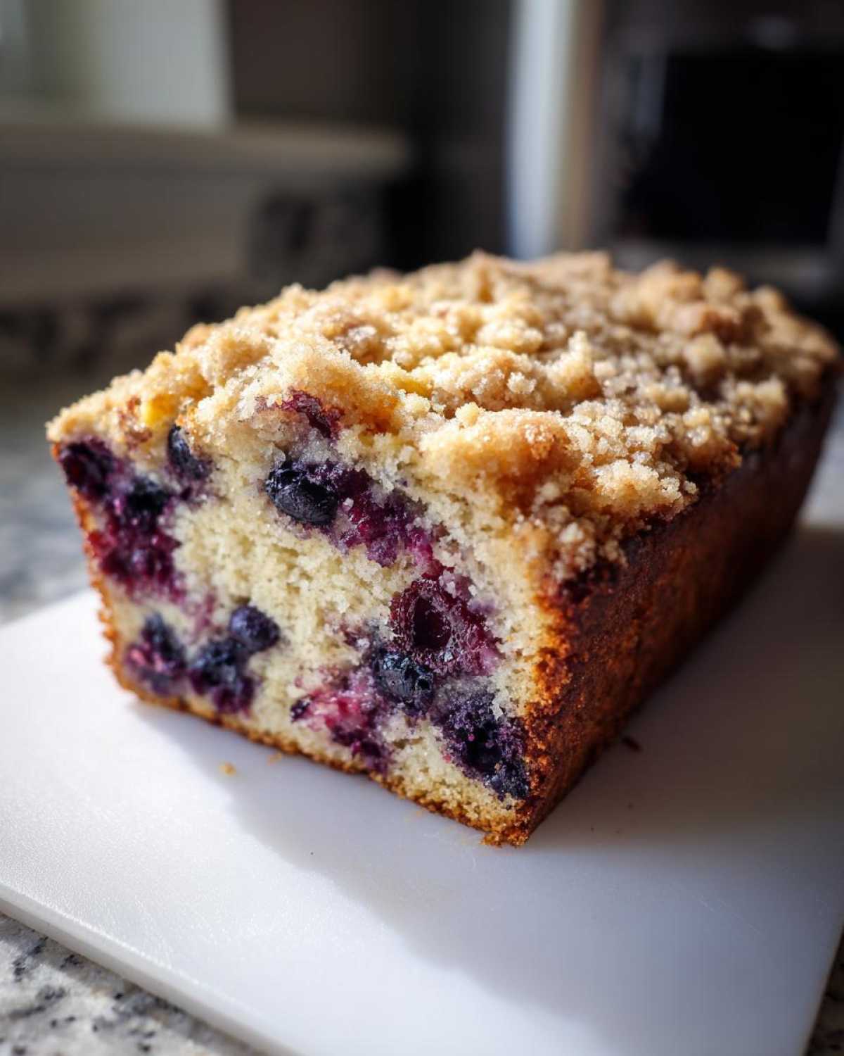 Close-up of a freshly baked blueberry banana bread loaf with a golden crumb topping.