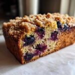 Close-up of a slice of blueberry banana bread featuring a crumbly streusel topping and juicy blueberries throughout.