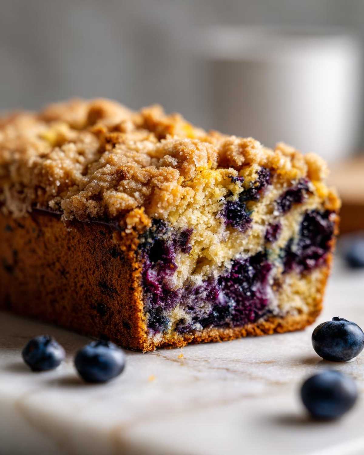 A close-up cross-section of moist blueberry banana bread topped with a golden streusel crumb topping.