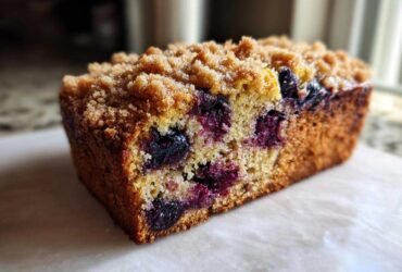 Close-up of a slice of blueberry banana bread featuring a crumbly streusel topping and juicy blueberries throughout.