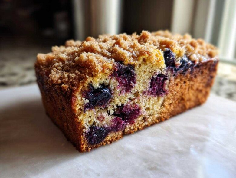 Close-up of a slice of blueberry banana bread featuring a crumbly streusel topping and juicy blueberries throughout.