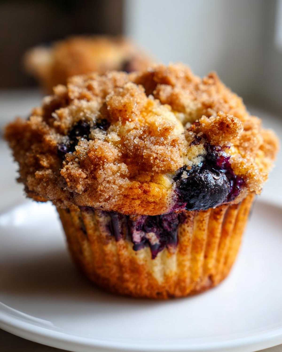 A close-up of a golden-brown blueberry muffin topped with a thick, sugary crumb topping.