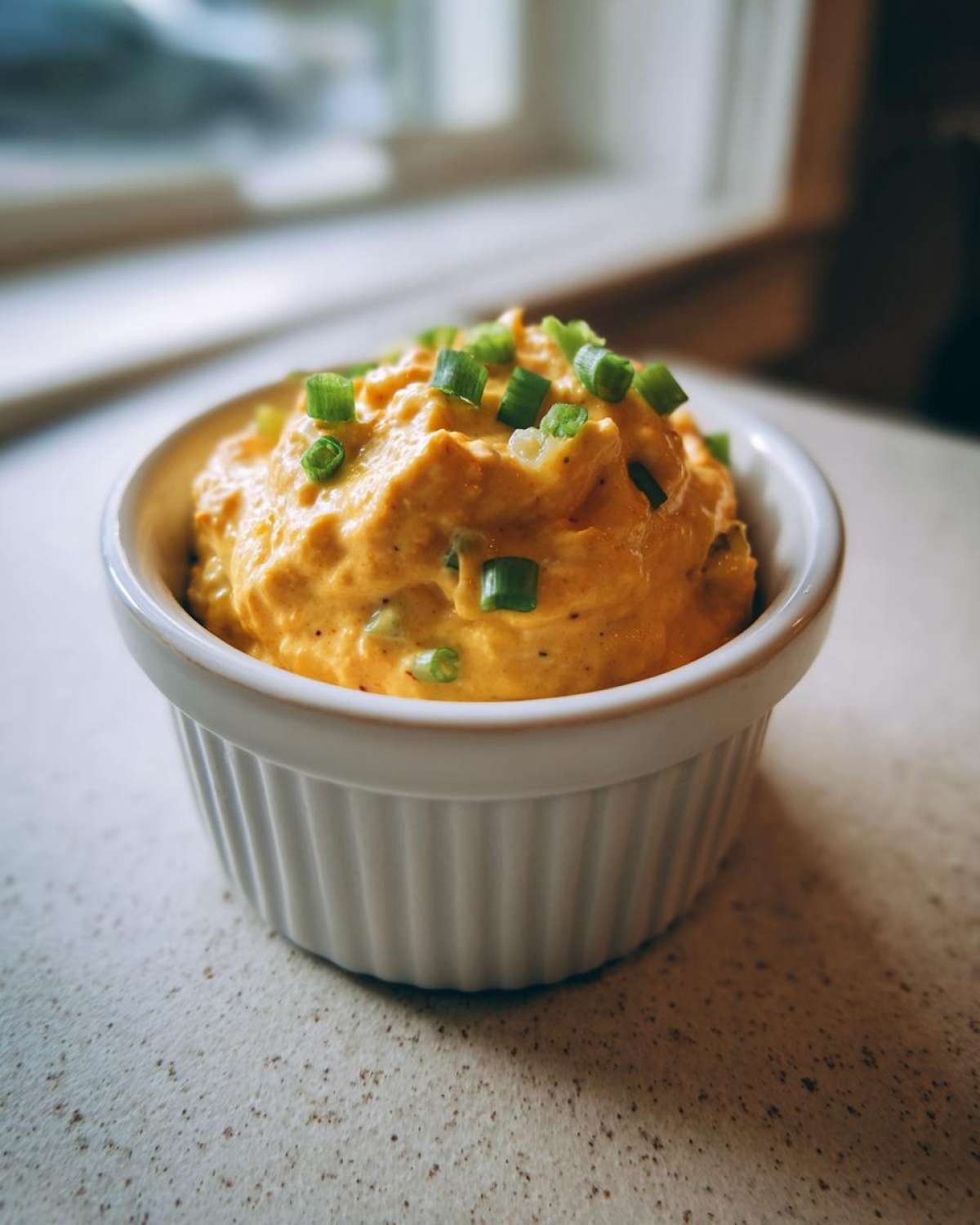 Close-up of a small white ramekin filled with thick, orange remoulade sauce, garnished with chopped green onions.