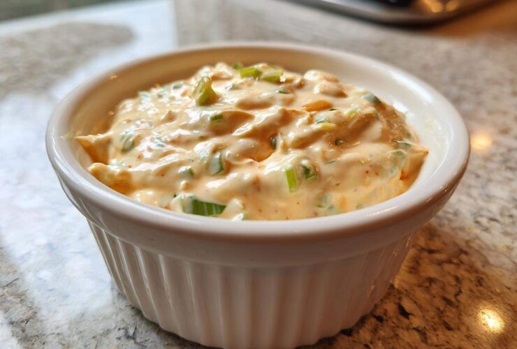 A close-up of a small white ramekin filled with creamy, orange-tinted remoulade sauce topped with chopped green onions.