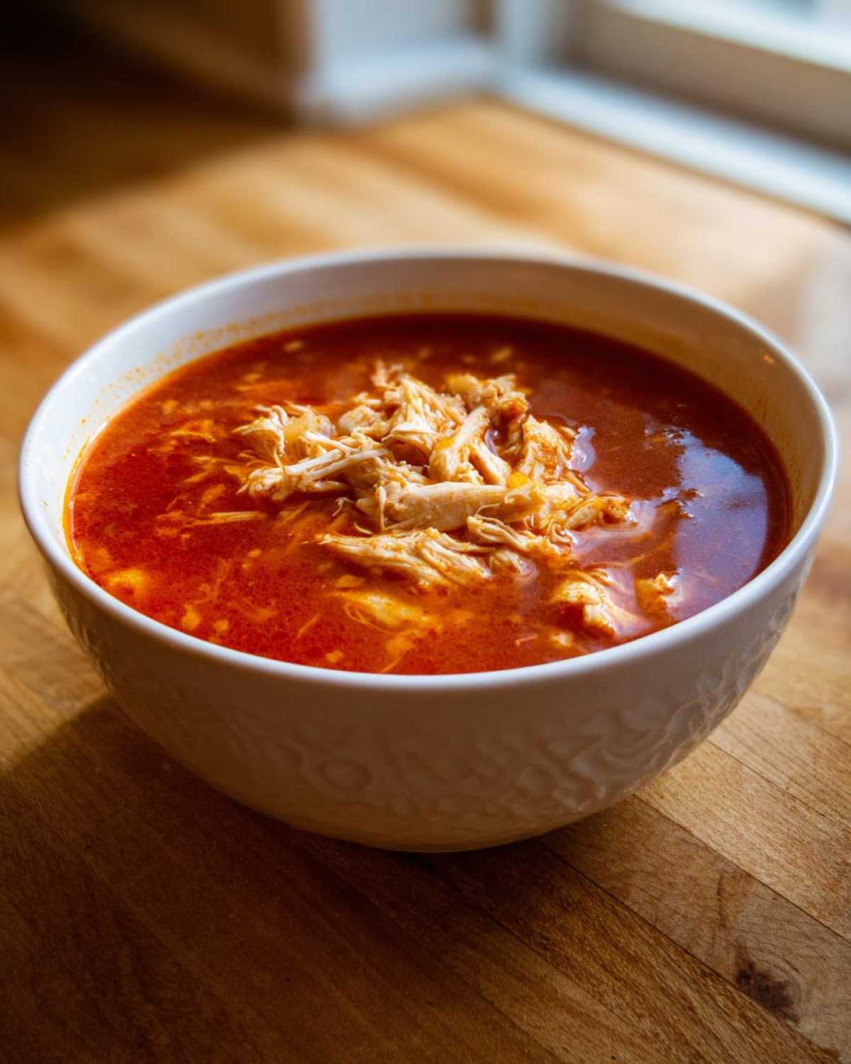 A close-up of a white bowl filled with rich, red broth and shredded chicken, representing chicken pozole.