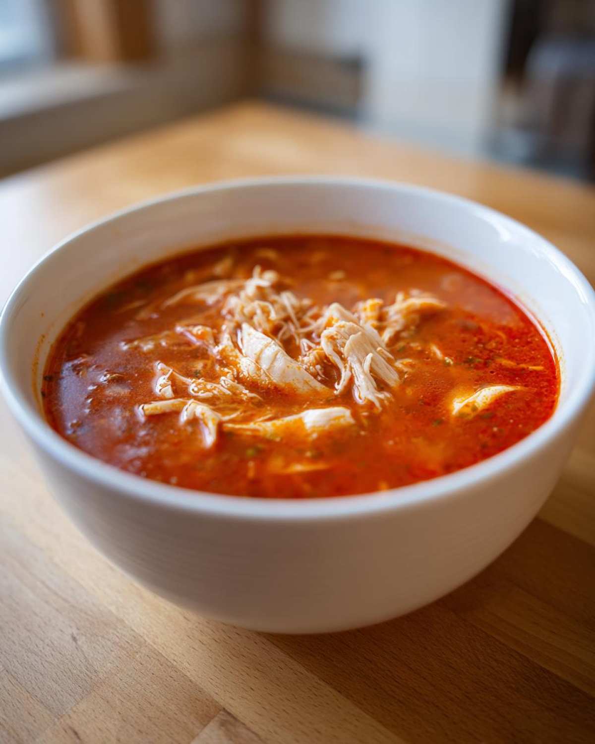 Close-up of a white bowl filled with vibrant red chicken pozole soup topped with shredded chicken.