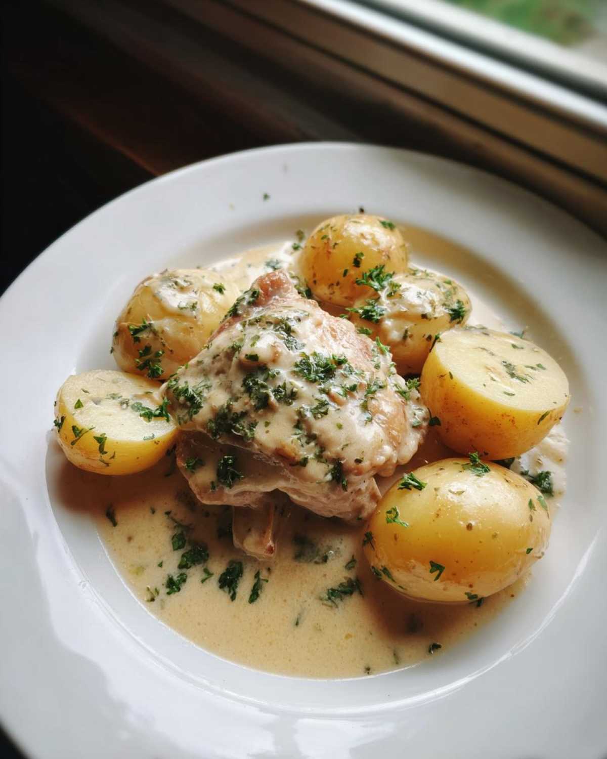 A plate featuring one serving of braised chicken thighs covered in a creamy herb sauce, surrounded by small boiled potatoes.