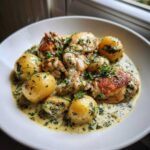 A white bowl filled with juicy braised chicken thighs and small yellow potatoes in a creamy, herb-flecked sauce.