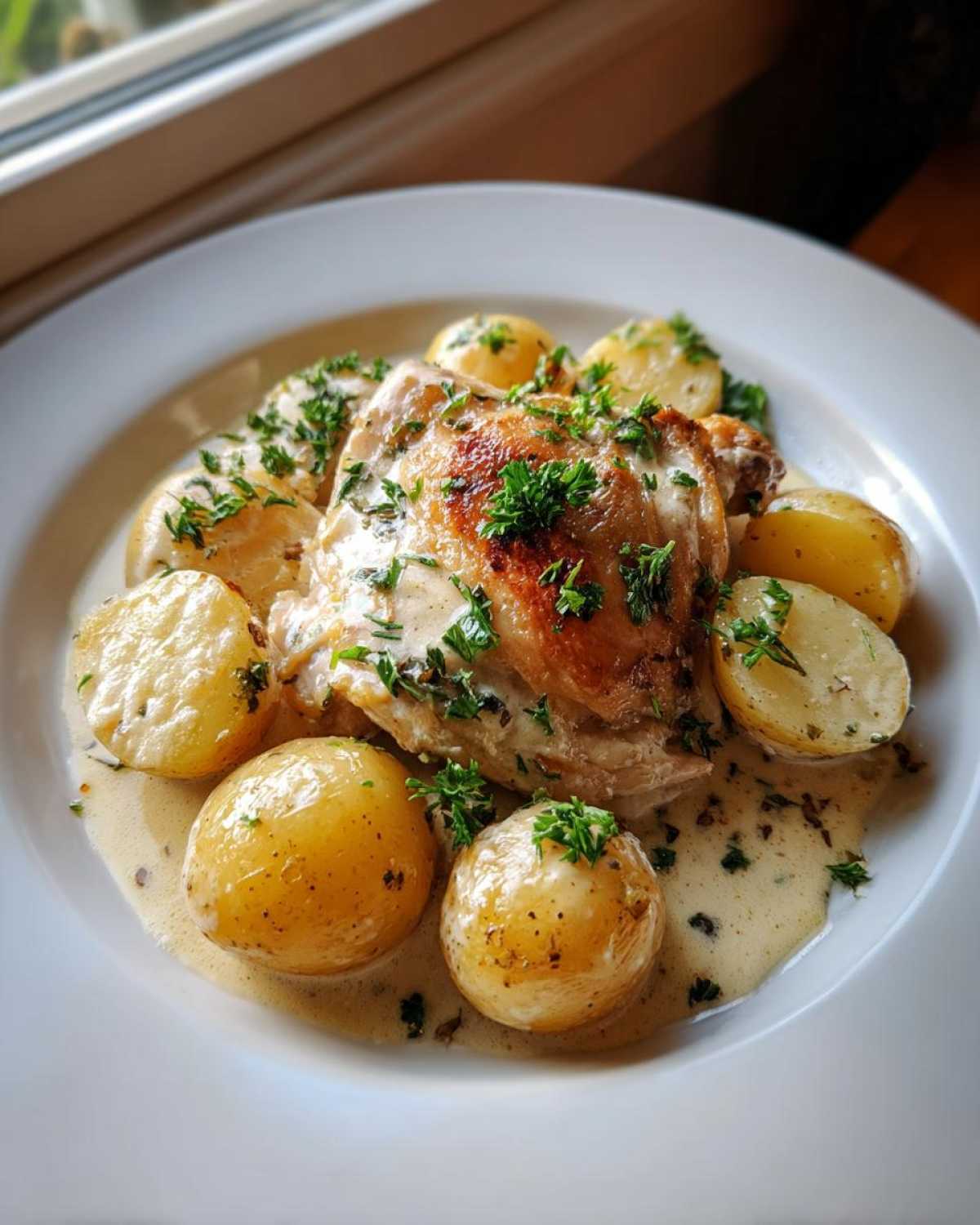 A close-up of perfectly cooked braised chicken thighs served with small roasted potatoes in a creamy sauce and garnished with parsley.