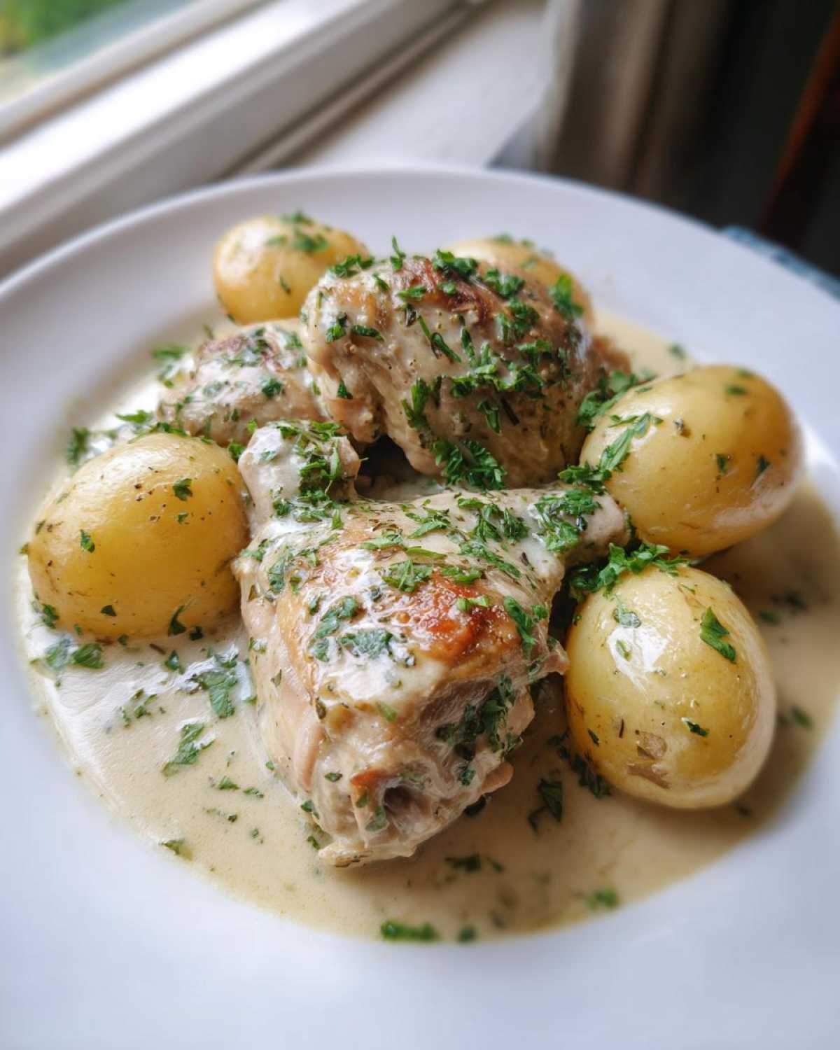 Plated braised chicken thighs served with small boiled potatoes in a creamy sauce, garnished with fresh parsley.