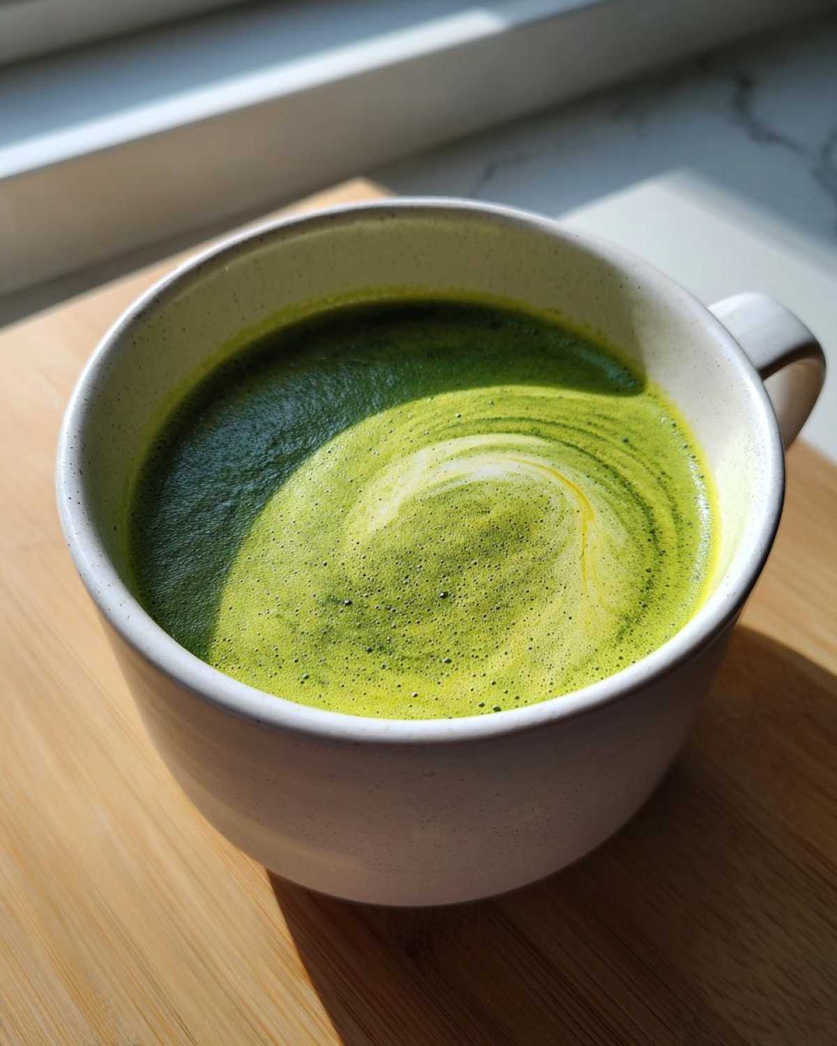 Close-up of bright green zucchini soup with a creamy swirl in a white mug.