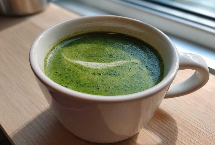 A close-up of bright green zucchini soup with a swirl of foam in a white mug, suggesting a healthy, low-calorie option.