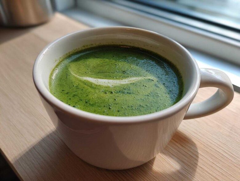 A close-up of bright green zucchini soup with a swirl of foam in a white mug, suggesting a healthy, low-calorie option.