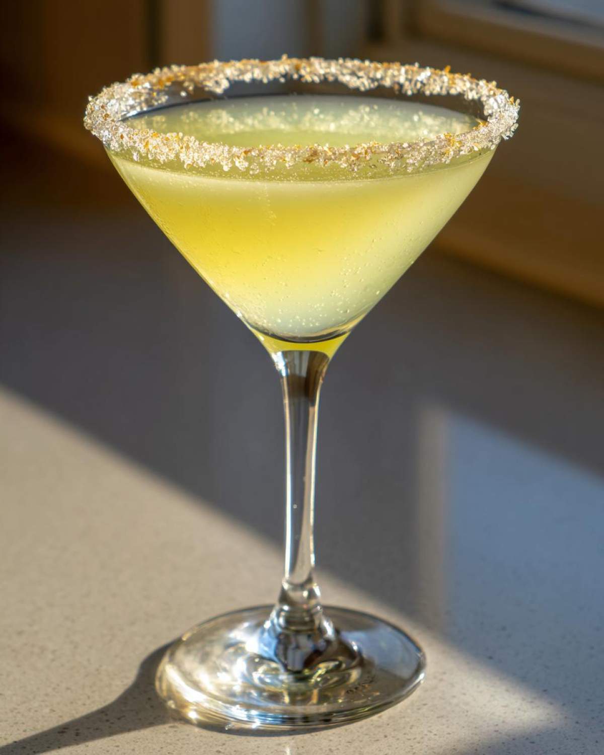 A bright yellow lemon drop cocktail served in a martini glass with a sparkling sugar rim.