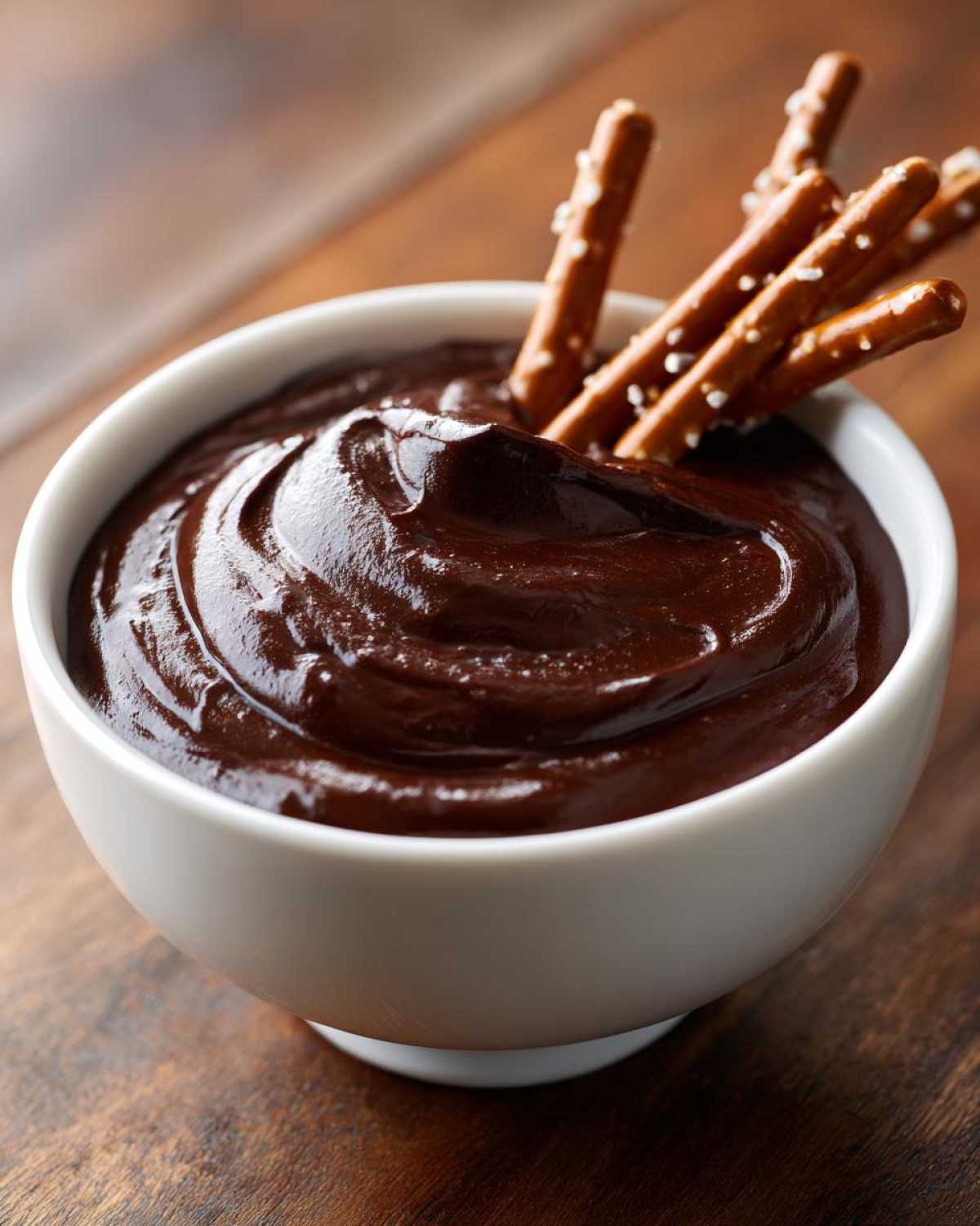 A white bowl filled with thick, glossy brownie chocolate dip, served with salted pretzel sticks.