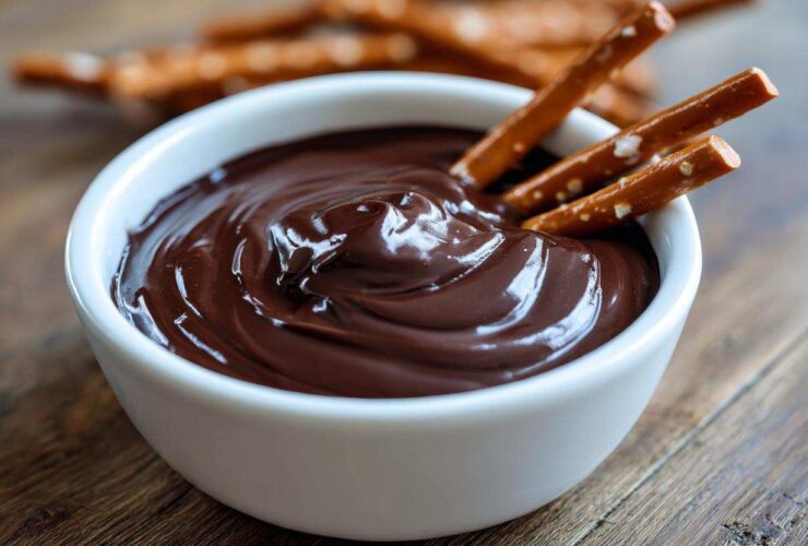 Close-up of smooth, glossy chocolate dip in a white bowl with pretzel sticks ready for dipping.