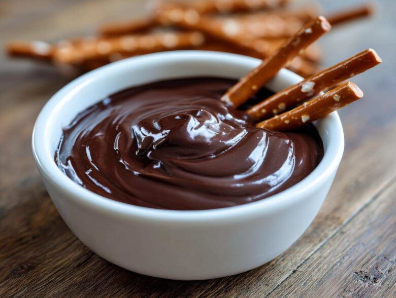 Close-up of smooth, glossy chocolate dip in a white bowl with pretzel sticks ready for dipping.
