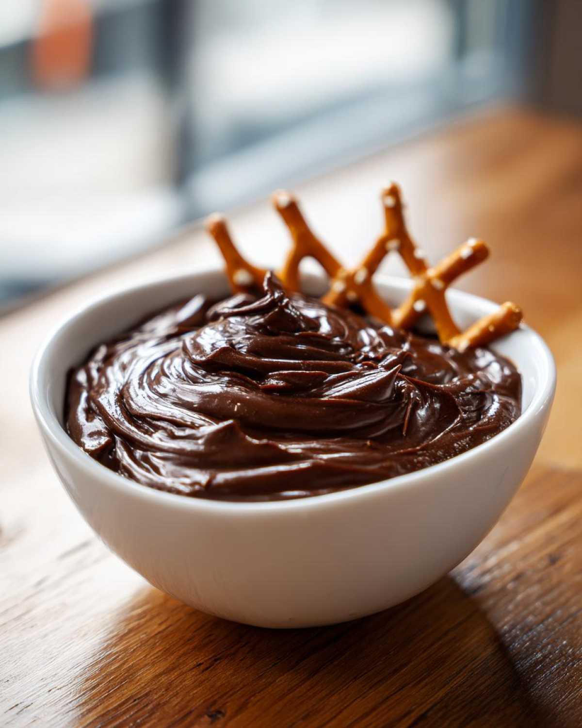 A white bowl filled with rich, glossy chocolate dip, garnished with salted pretzels.