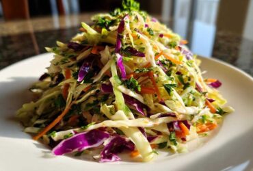 A tall mound of colorful, freshly dressed cabbage salad featuring shredded green and purple cabbage and carrots.