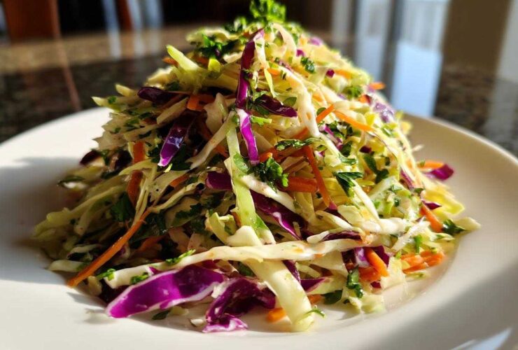 A tall mound of colorful, freshly dressed cabbage salad featuring shredded green and purple cabbage and carrots.