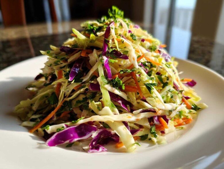 A tall mound of colorful, freshly dressed cabbage salad featuring shredded green and purple cabbage and carrots.