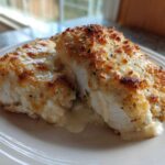 Two pieces of baked caesar chicken topped with melted, browned cheese and herbs on a white plate.