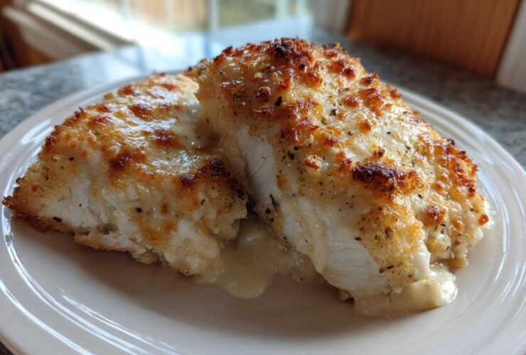 Two pieces of baked caesar chicken topped with melted, browned cheese and herbs on a white plate.