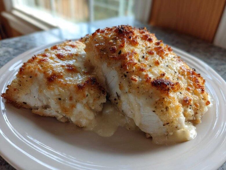Two pieces of baked caesar chicken topped with melted, browned cheese and herbs on a white plate.