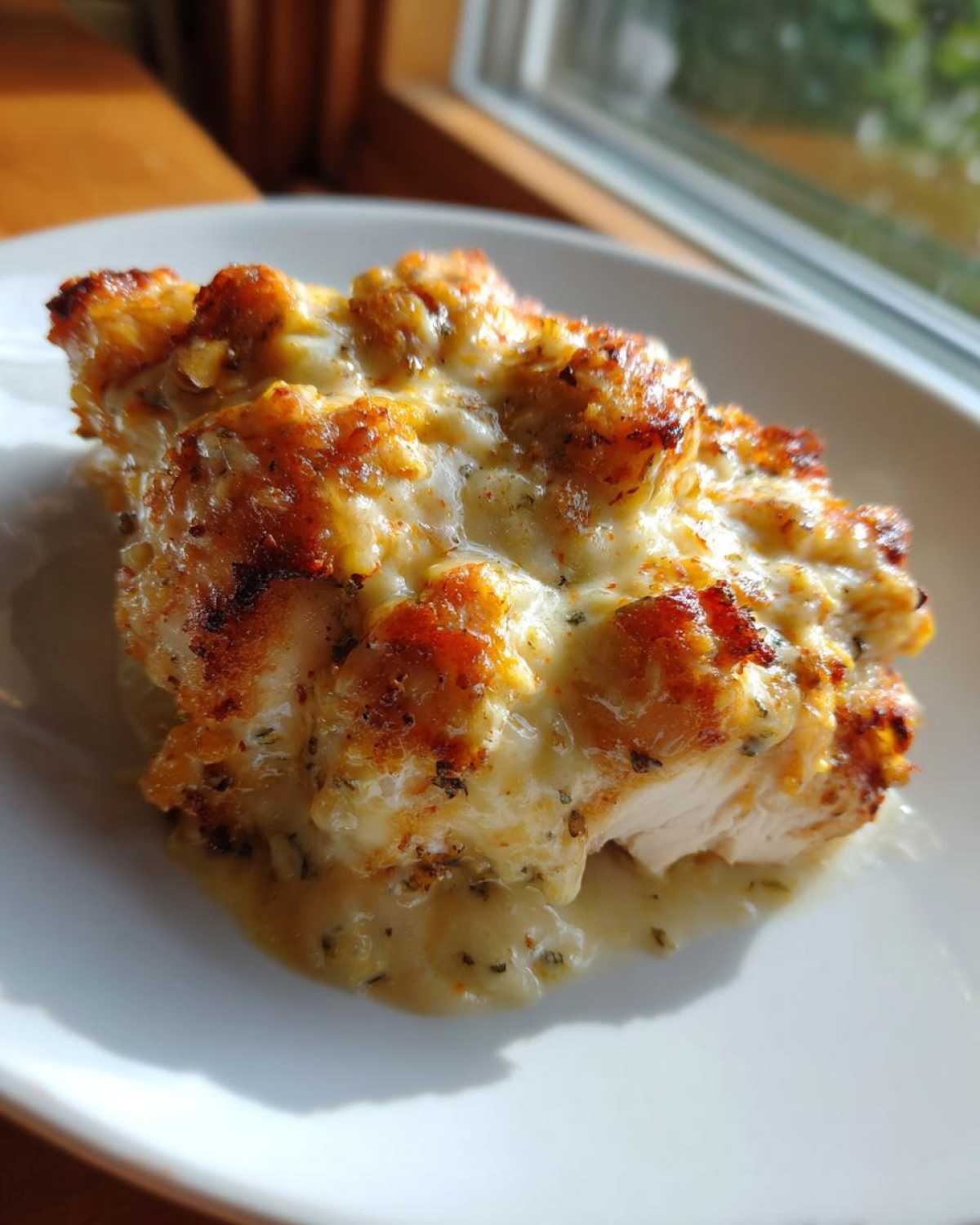 Close-up of a juicy piece of caesar chicken topped with melted, browned cheese and sauce.