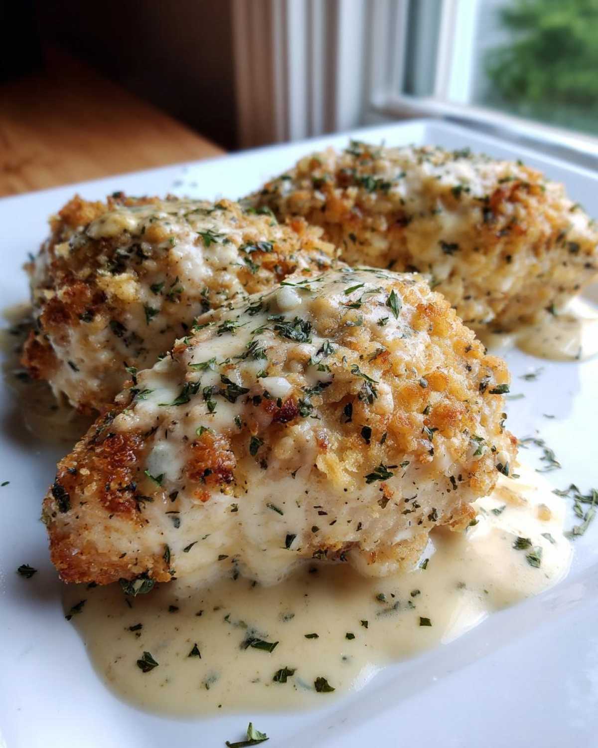 Three pieces of crispy, breaded caesar chicken breasts covered in a creamy sauce and fresh parsley.