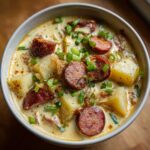 Close-up of a creamy bowl of Cajun potato soup featuring chunks of potato and slices of browned andouille sausage, topped with green onions.