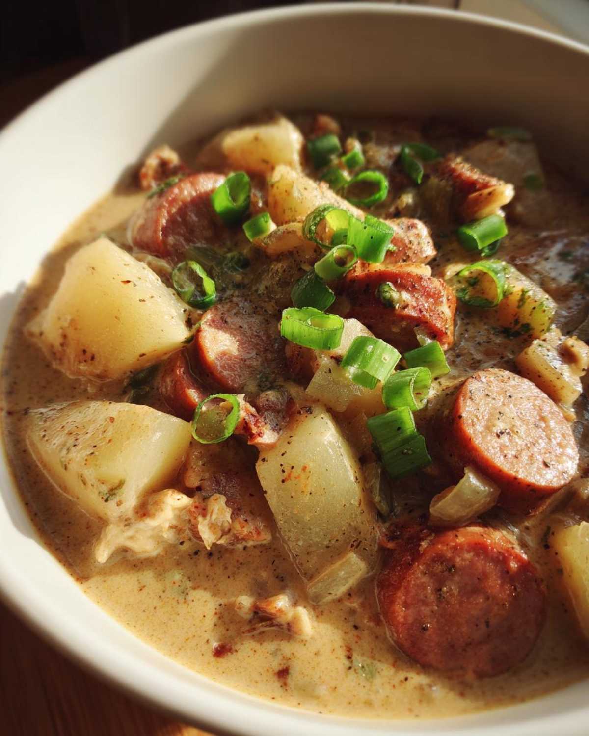 Close-up of creamy Cajun potato soup featuring chunks of potato, sliced smoked sausage, and fresh green onion garnish.