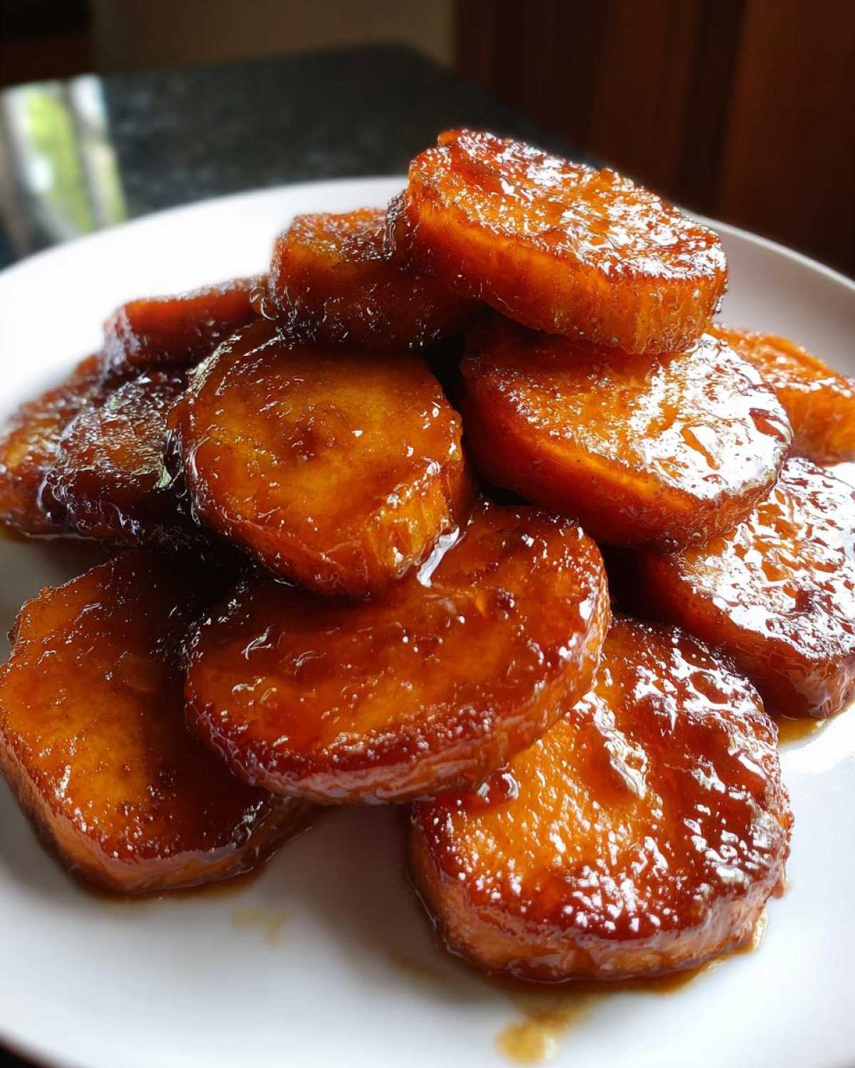 Close-up of thick slices of candied sweet potatoes piled high, coated in a rich, glossy brown glaze.