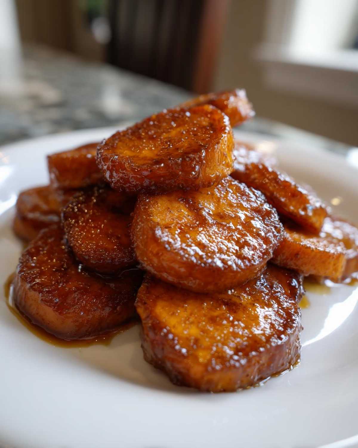 A close-up of a stack of glossy, caramelized candied sweet potatoes slices on a white plate.