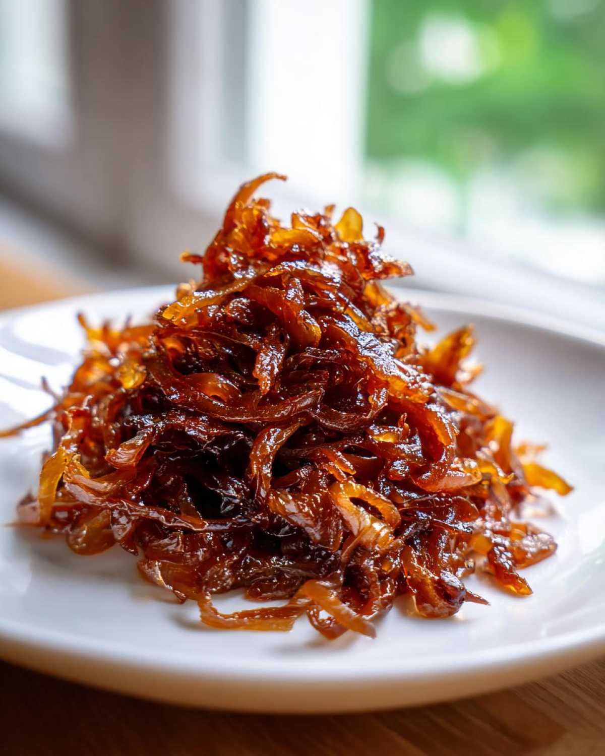 A close-up of a mound of rich, dark brown caramelized onions served on a white plate.