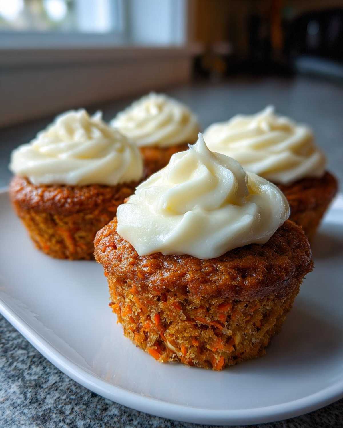 Four moist carrot cake muffins topped with thick swirls of cream cheese frosting, ready to eat.