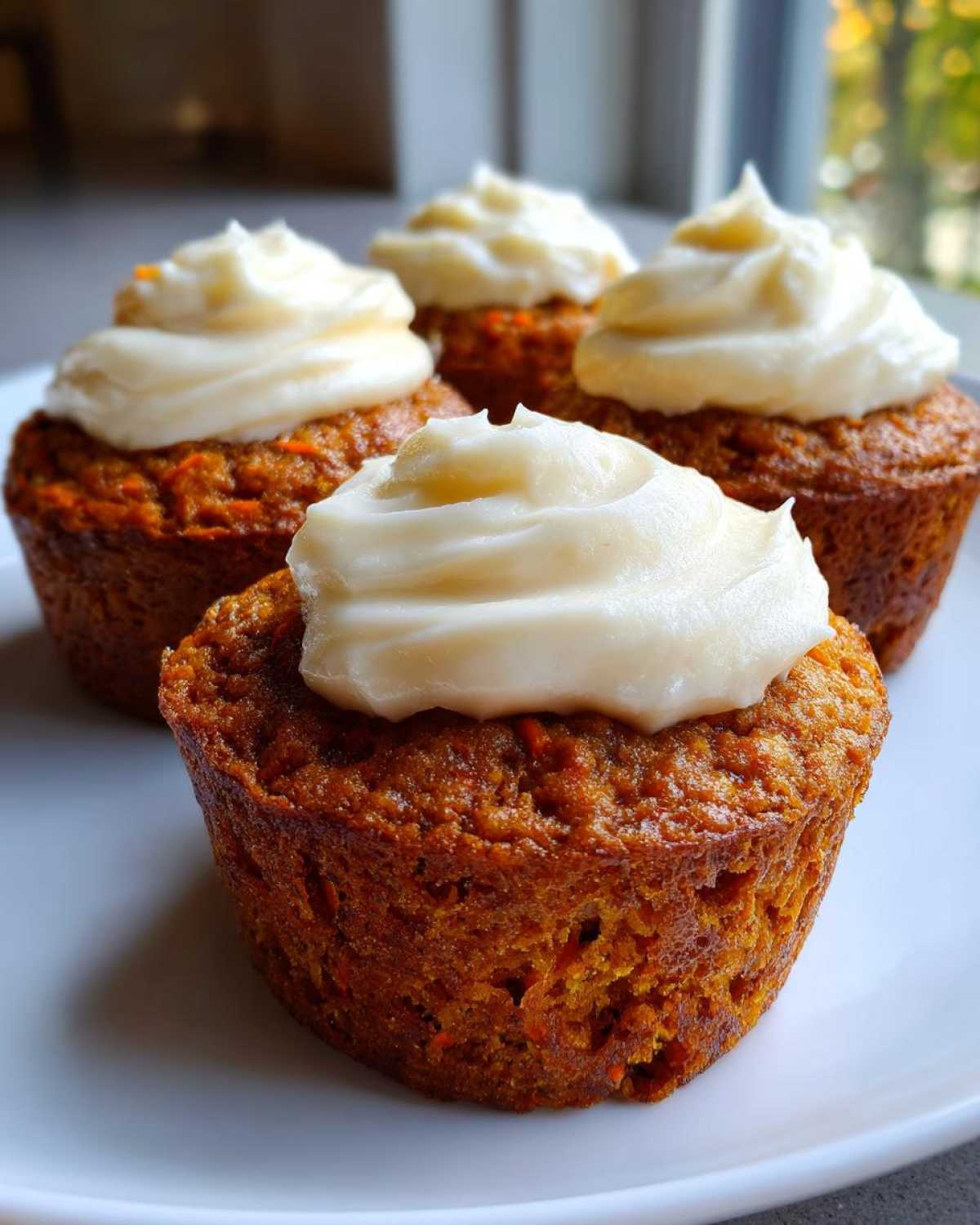 Four freshly baked carrot cake muffins topped with thick swirls of cream cheese frosting, sitting on a white plate.
