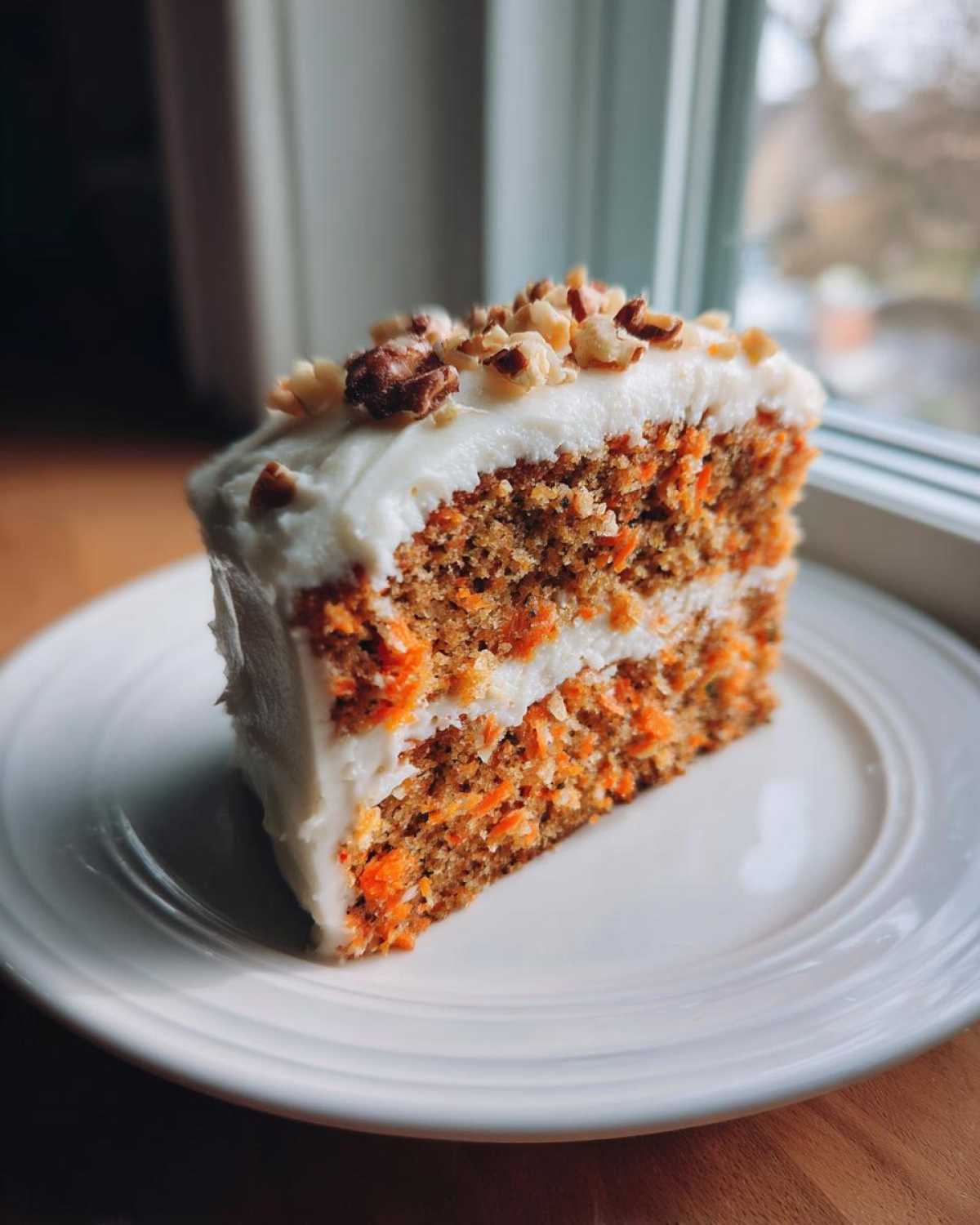 A tall, two-layer slice of moist carrot cake recipe topped with cream cheese frosting and chopped walnuts.