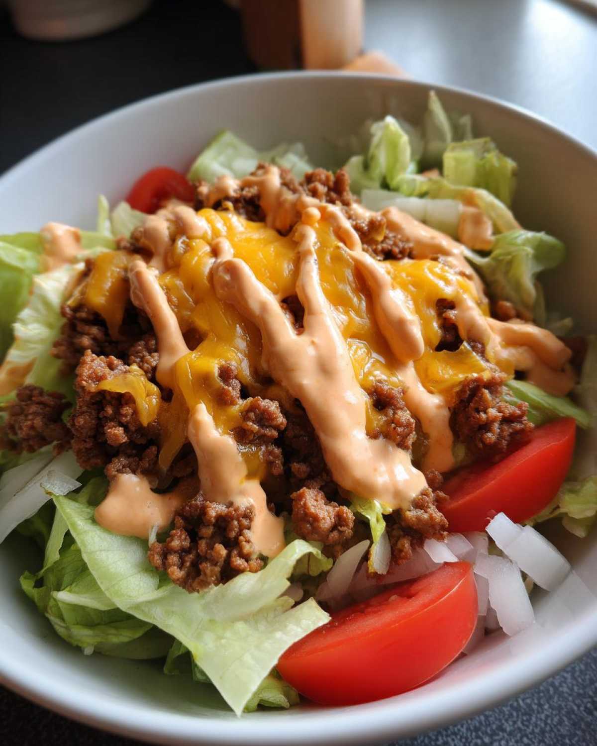 A close-up of a delicious cheeseburger bowl featuring seasoned ground beef, melted cheddar, special sauce, lettuce, tomato, and onion.