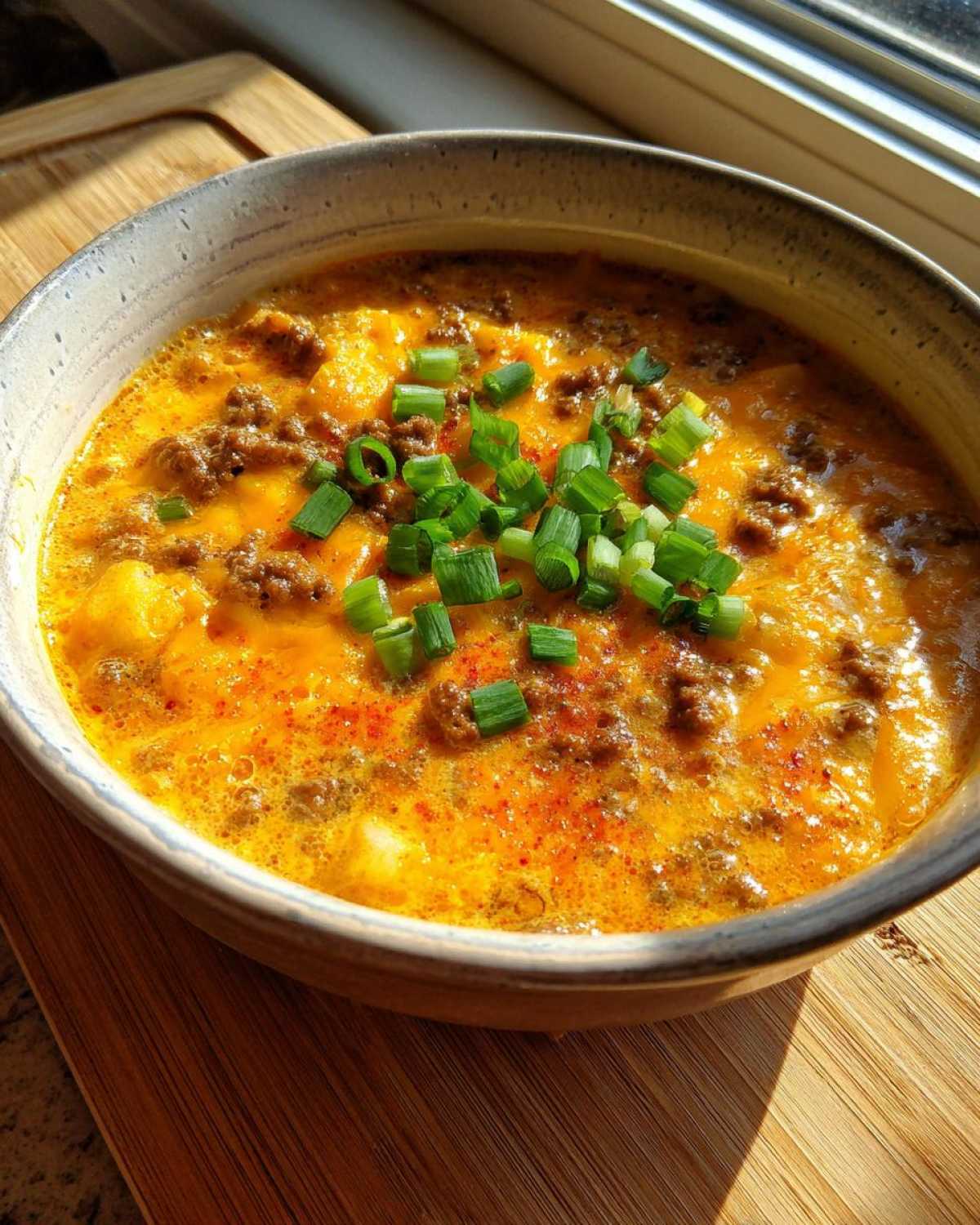 A close-up of creamy, cheesy cheeseburger soup topped with ground beef and fresh green onions.