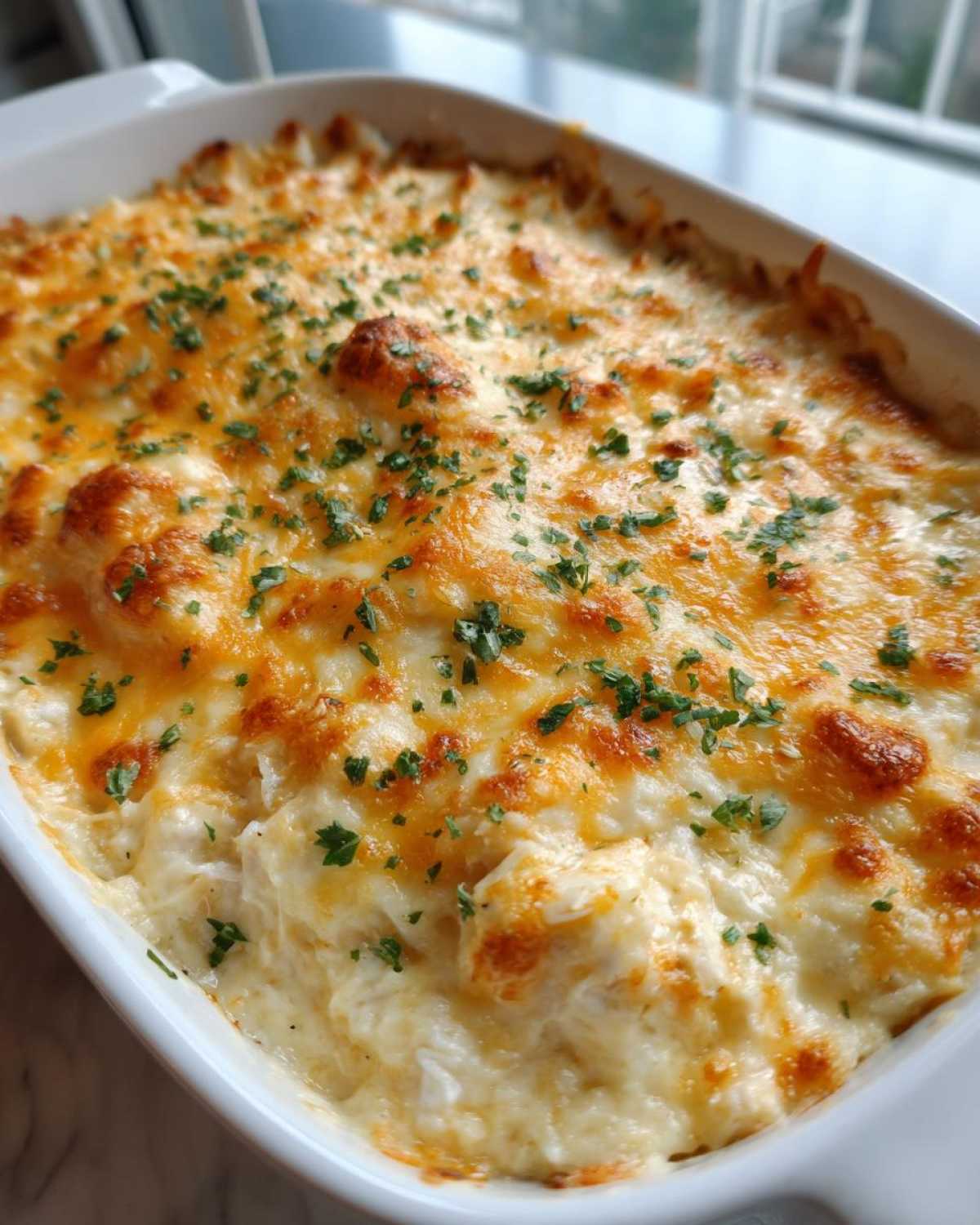 Close-up of creamy, baked hot crab dip topped with melted cheddar cheese and fresh parsley.
