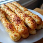 A close-up photo of several golden-brown, cheesy breadsticks piled on a white plate.