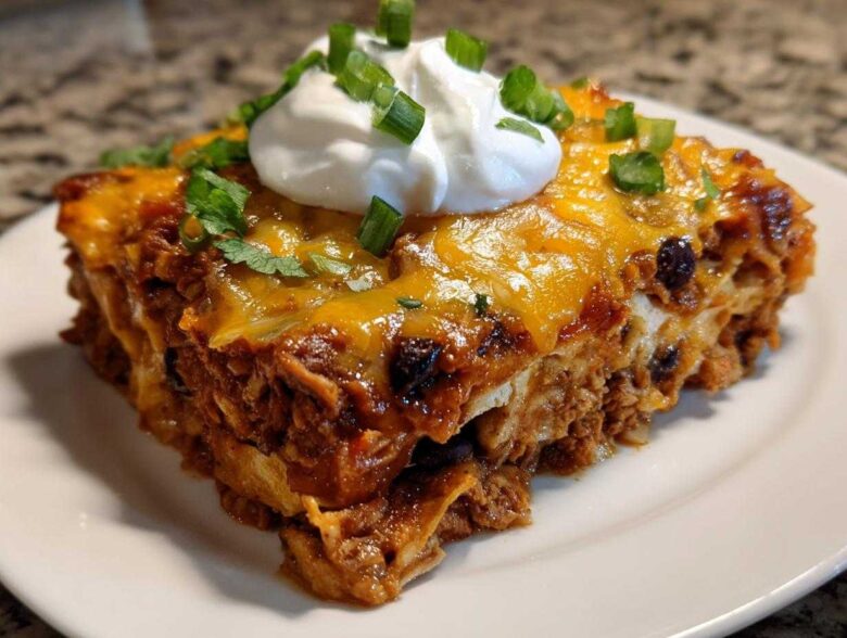 A generous slice of cheesy burrito bake topped with sour cream and green onions on a white plate.