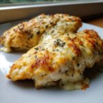 Two baked caesar chicken breasts covered in melted, golden cheese and sprinkled with herbs.