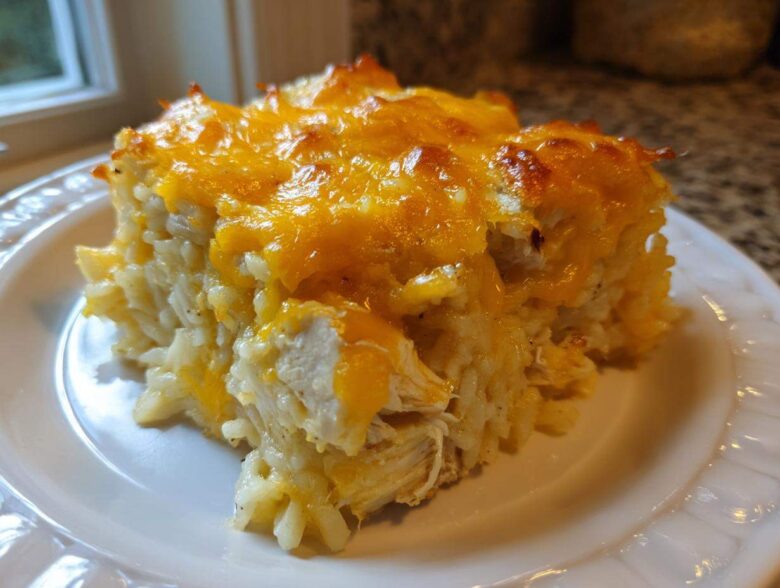 A close-up serving of cheesy chicken and rice casserole topped with melted, browned cheddar cheese.