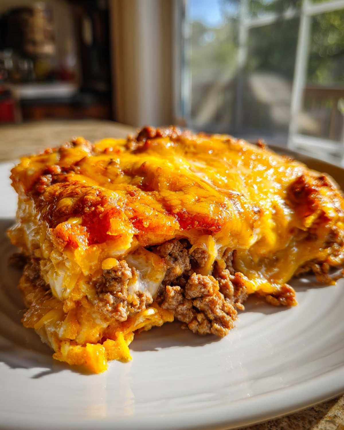 A close-up serving of Dorito Casserole featuring layers of seasoned ground beef and melted, bubbly cheddar cheese.