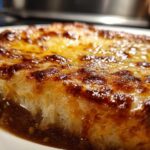 Extreme close-up of a thick layer of bubbly, browned cheese melting over bread in a rich broth for french onion soup recipe.